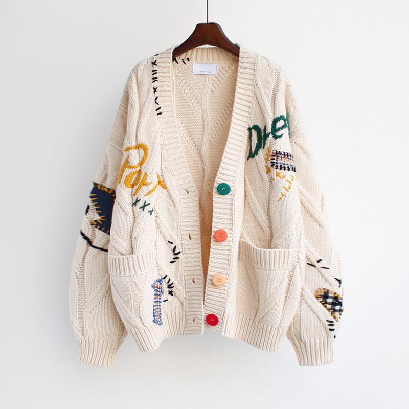 Women’s Cardigan – Oversized Fit – Chunky Knit – Embroidered – Playful Buttons
