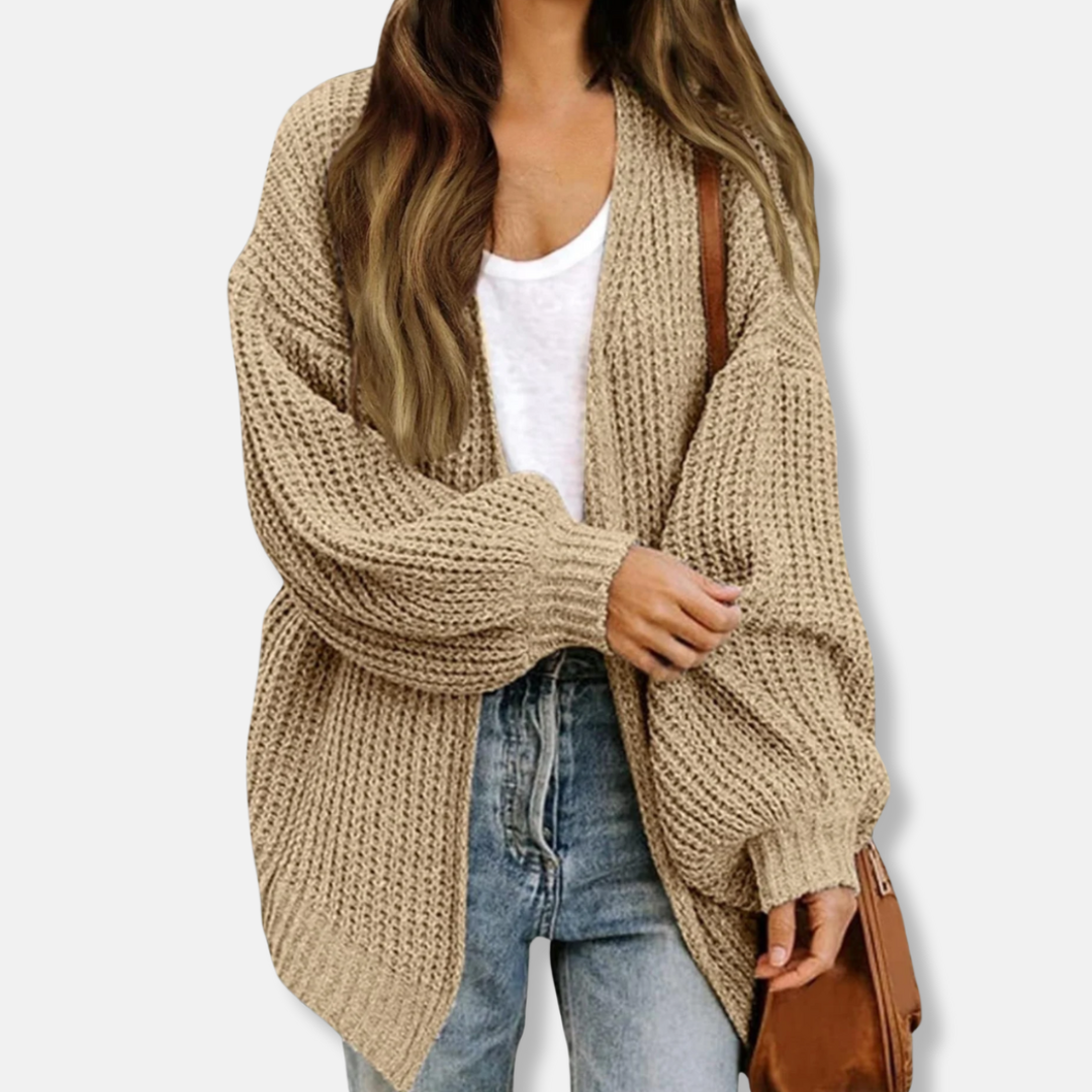 Women’s Cardigan – Oversized Fit – Chunky Knit – Open Front – Lantern Sleeves – Wool Blend