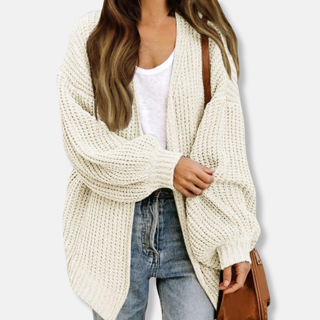 Women’s Cardigan – Oversized Fit – Chunky Knit – Open Front – Lantern Sleeves – Wool Blend