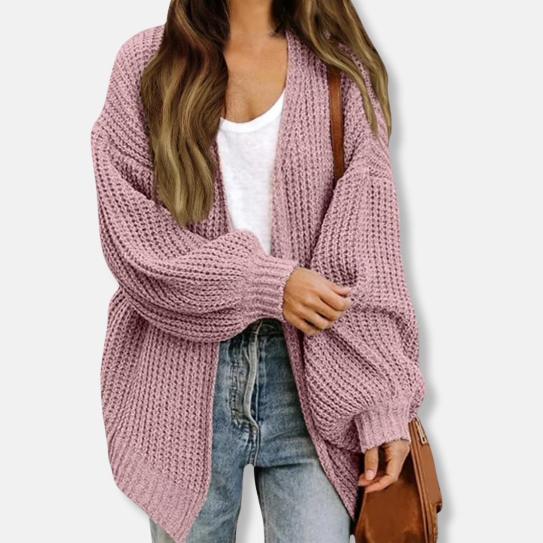Women’s Cardigan – Oversized Fit – Chunky Knit – Open Front – Lantern Sleeves – Wool Blend