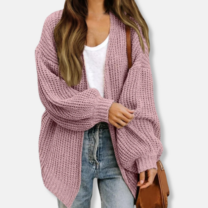 Women’s Cardigan – Oversized Fit – Chunky Knit – Open Front – Lantern Sleeves – Wool Blend