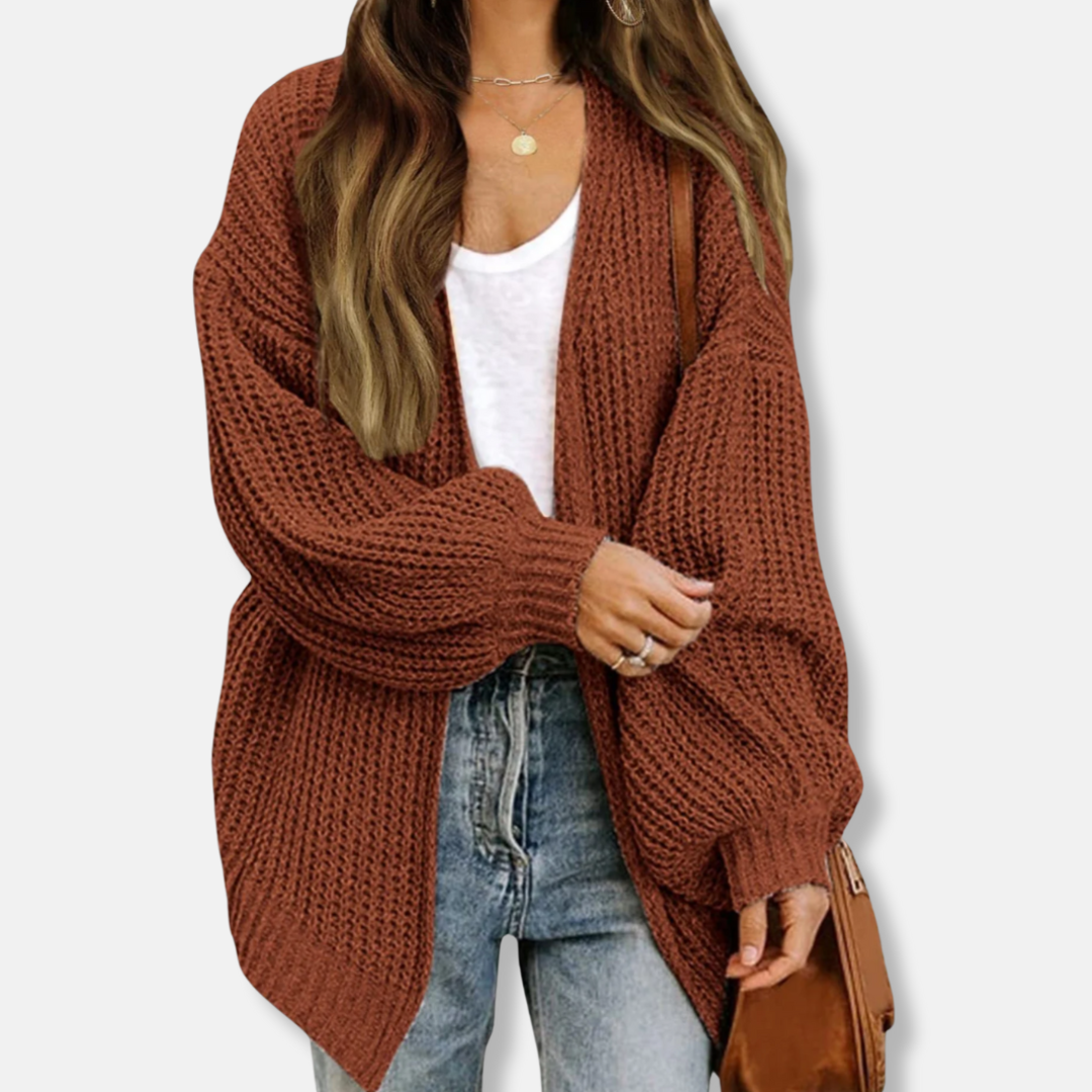 Women’s Cardigan – Oversized Fit – Chunky Knit – Open Front – Lantern Sleeves – Wool Blend