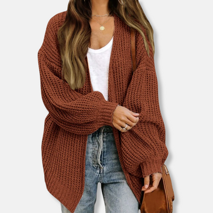 Women’s Cardigan – Oversized Fit – Chunky Knit – Open Front – Lantern Sleeves – Wool Blend