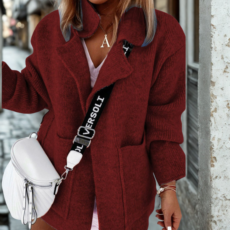 Women’s Cardigan - Oversized Loose Fit - Notched Lapel Collar - Open Front - Patch Pockets