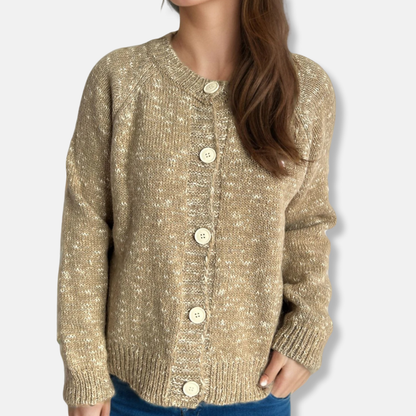 Women’s Cardigan – Relaxed Fit – Marled Knit – Ribbed Edges – Cropped Length – Button Front