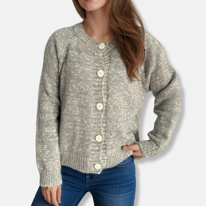Women’s Cardigan – Relaxed Fit – Marled Knit – Ribbed Edges – Cropped Length – Button Front