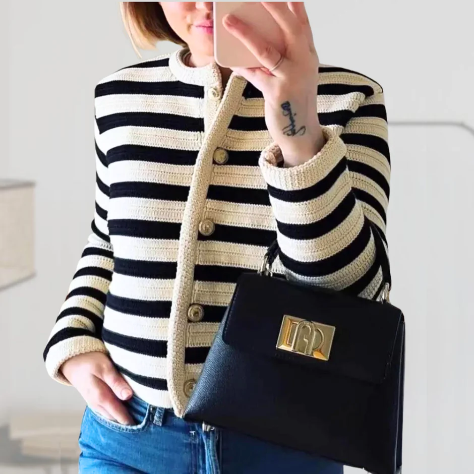 Women’s Cardigan – Striped Knit – Classic Fit – Crew Neck – Button Front – Ribbed Trim