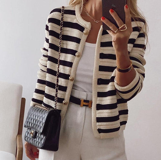 Women’s Cardigan – Striped Knit – Classic Fit – Crew Neck – Button Front – Ribbed Trim
