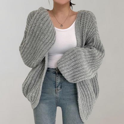 Women’s Cardigan Sweater - Oversized Relaxed Fit - Chunky Ribbed Knit - Balloon Sleeve Design