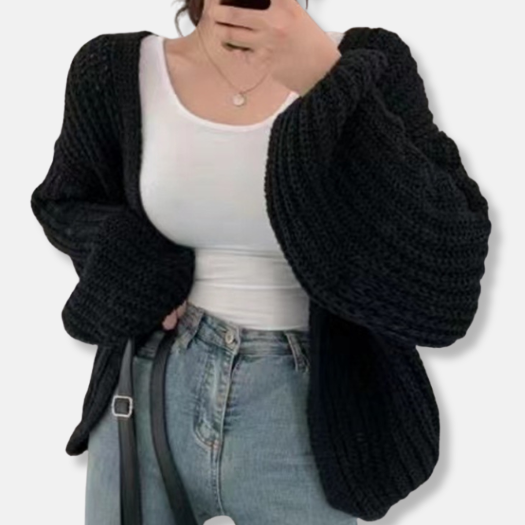 Women’s Cardigan Sweater – Oversized Relaxed Fit – Chunky Ribbed Knit – Balloon Sleeves