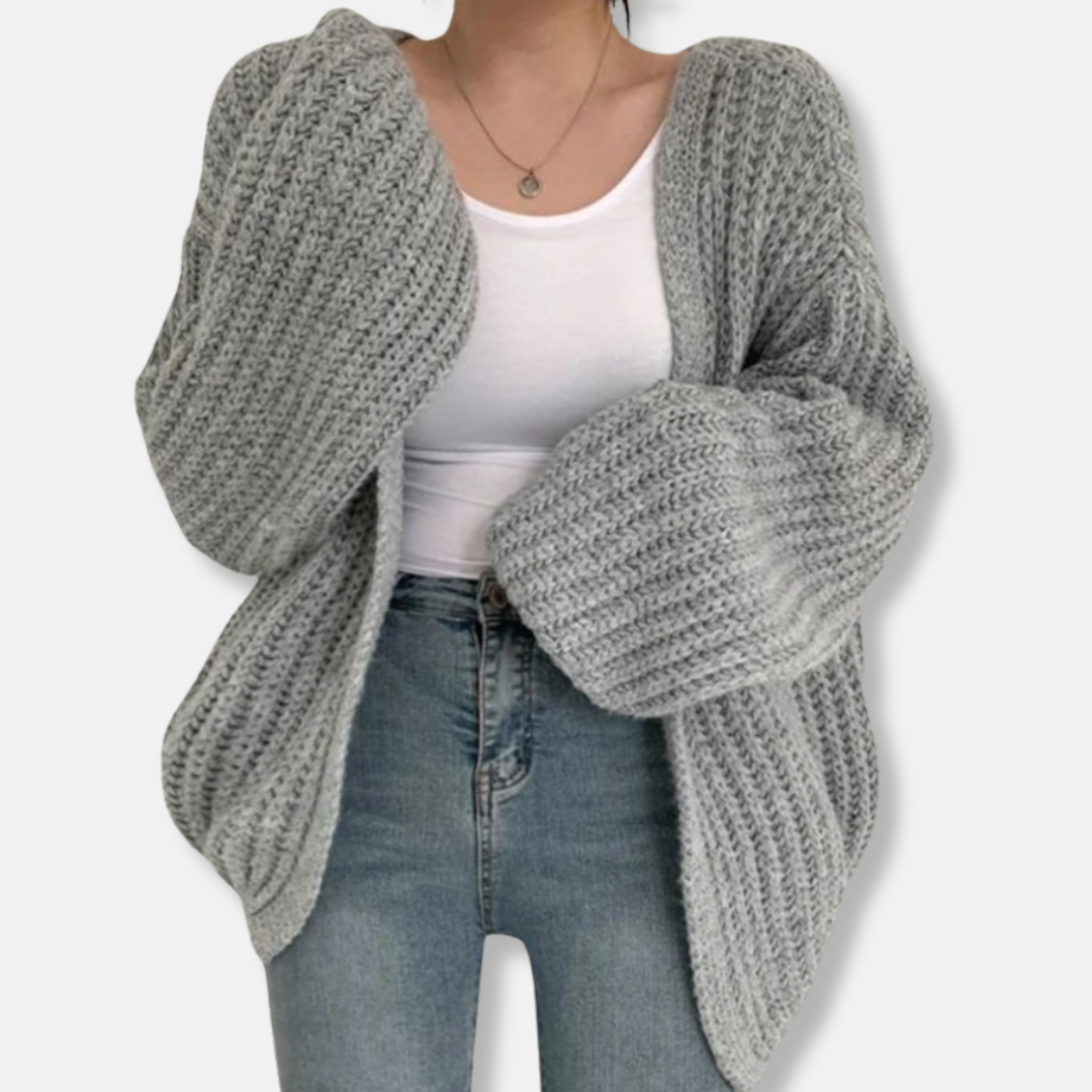 Women’s Cardigan Sweater – Oversized Relaxed Fit – Chunky Ribbed Knit – Balloon Sleeves