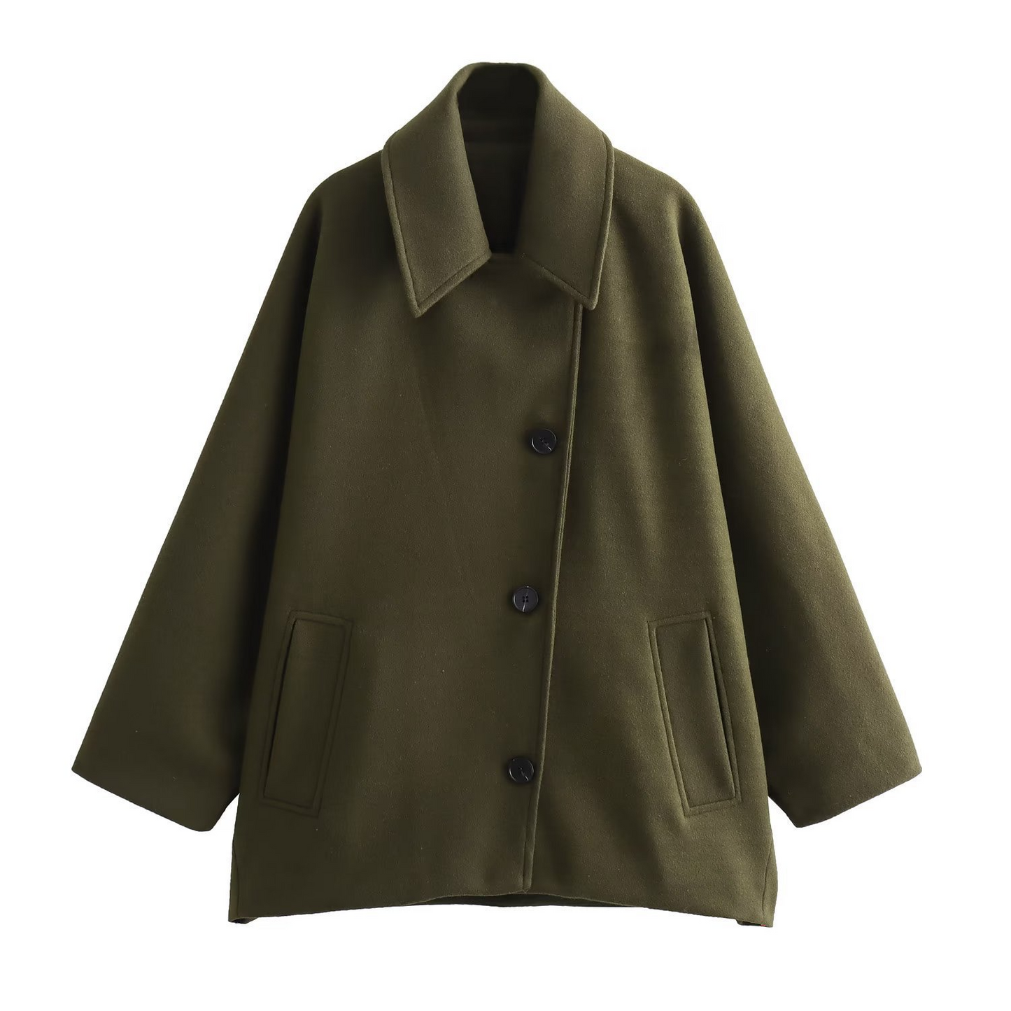 Women’s Coat – Oversized Fit – Wool Look – Batwing Sleeves – Button Front – Notched Collar