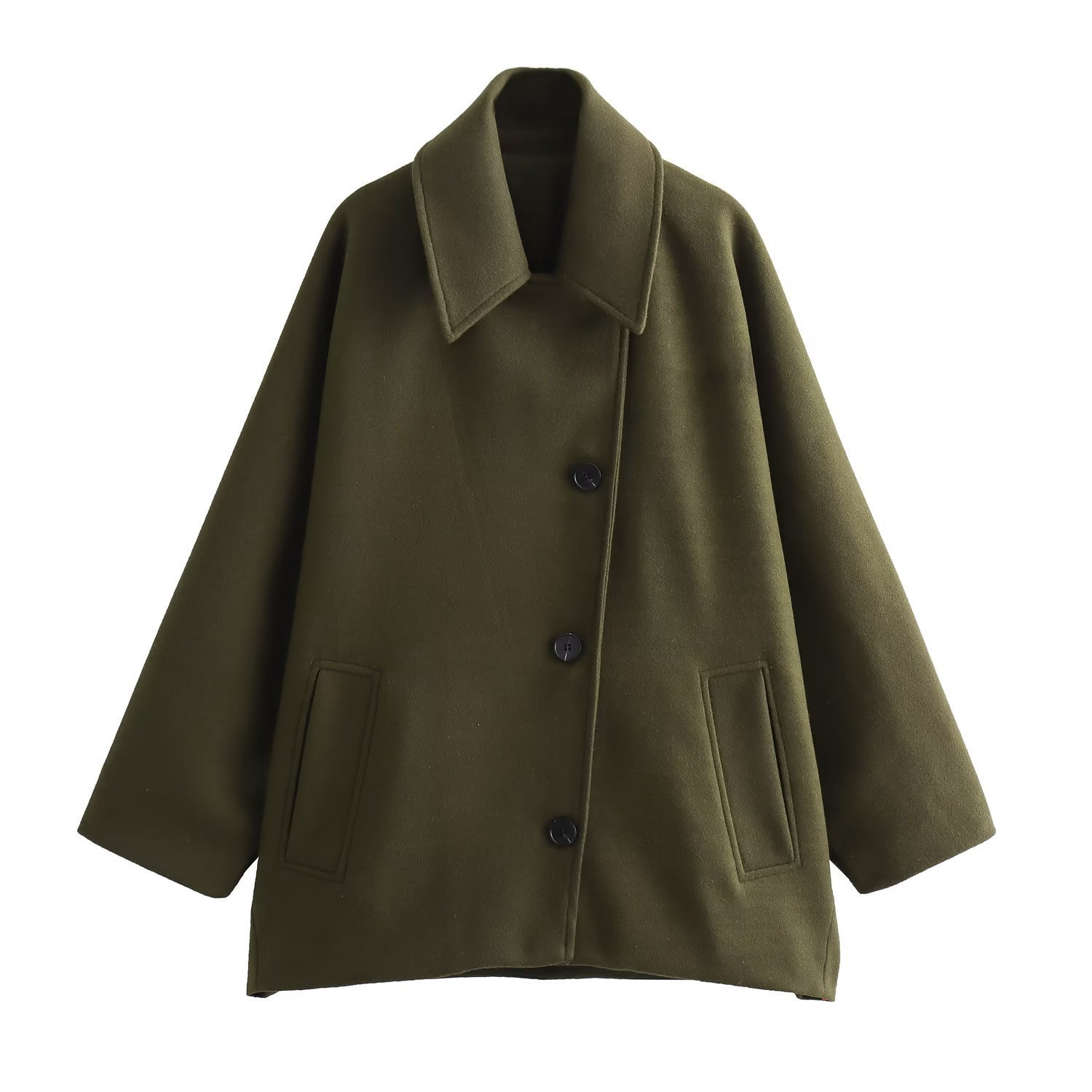 Women’s Coat – Oversized Fit – Wool Look – Batwing Sleeves – Button Front – Notched Collar