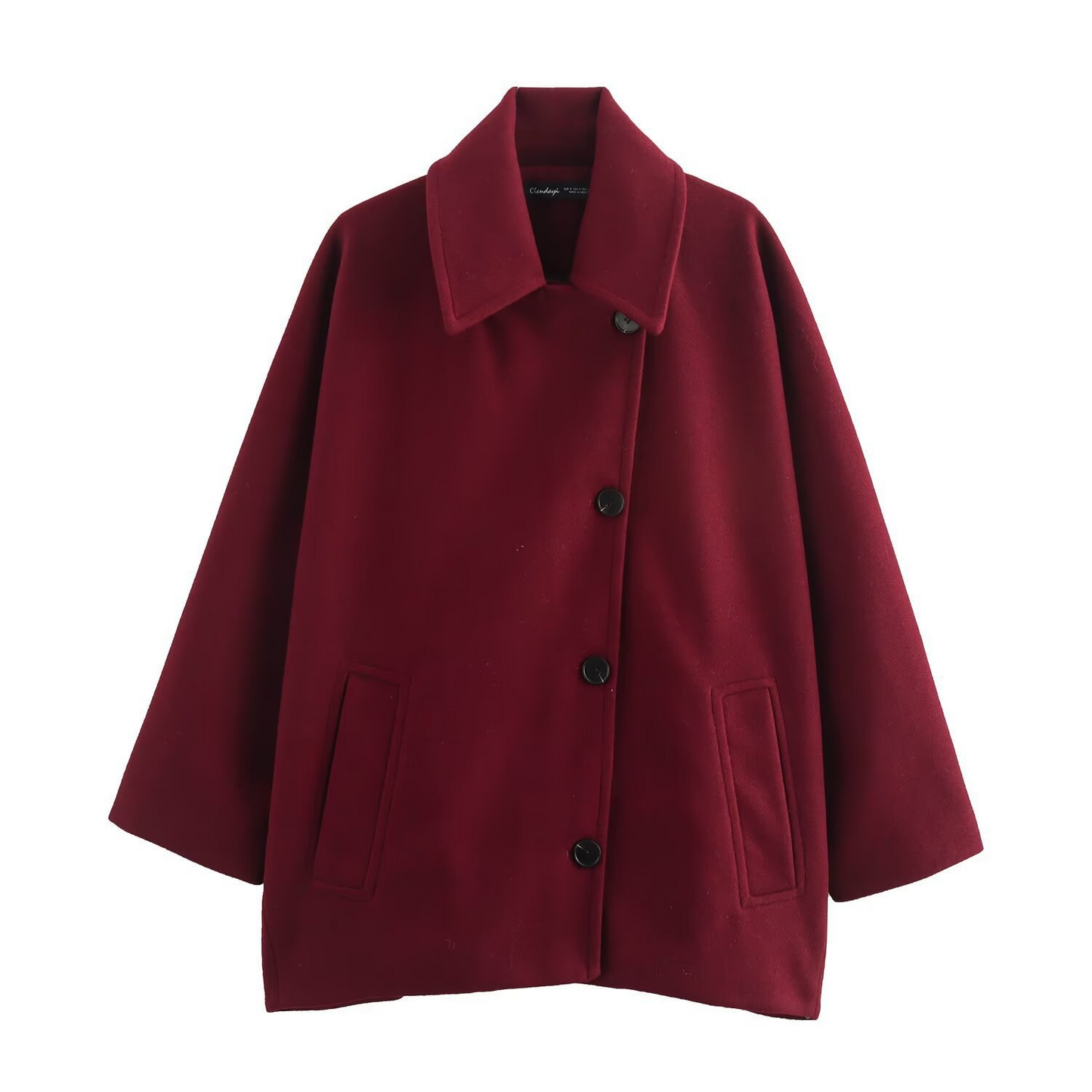 Women’s Coat – Oversized Fit – Wool Look – Batwing Sleeves – Button Front – Notched Collar