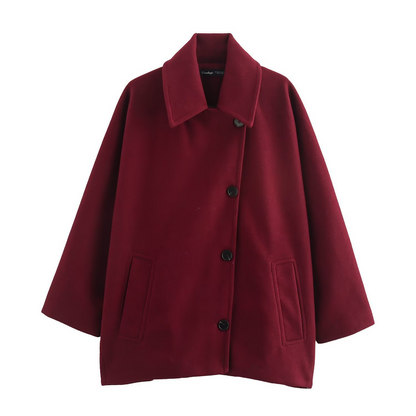 Women’s Coat – Oversized Fit – Wool Look – Batwing Sleeves – Button Front – Notched Collar