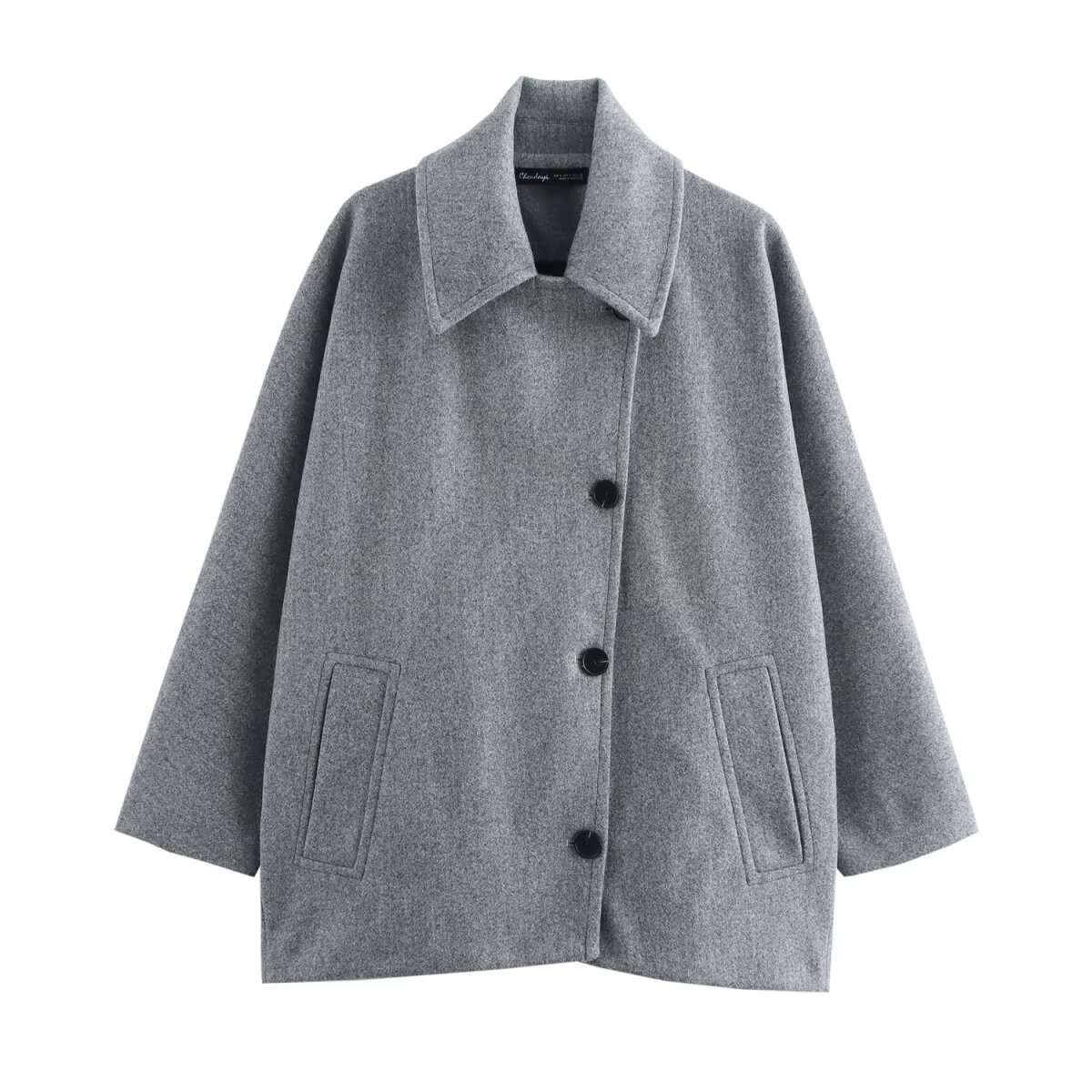 Women’s Coat – Oversized Fit – Wool Look – Batwing Sleeves – Button Front – Notched Collar