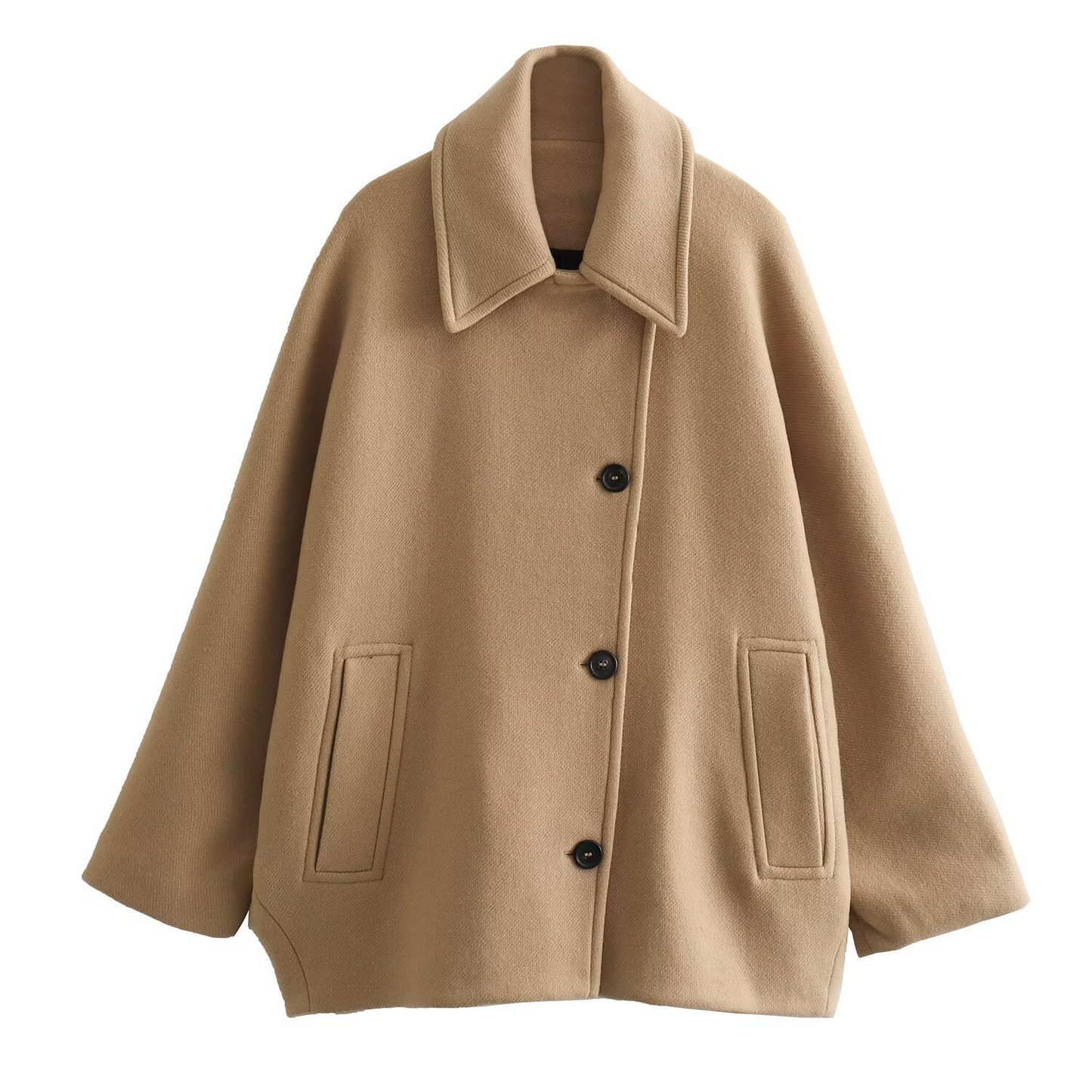 Women’s Coat – Oversized Fit – Wool Look – Batwing Sleeves – Button Front – Notched Collar