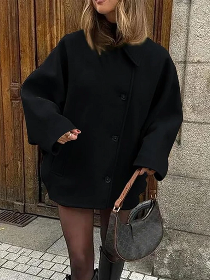 Women’s Coat – Oversized Fit – Wool Look – Batwing Sleeves – Button Front – Notched Collar