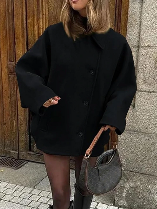 Women’s Coat – Oversized Fit – Wool Look – Batwing Sleeves – Button Front – Notched Collar