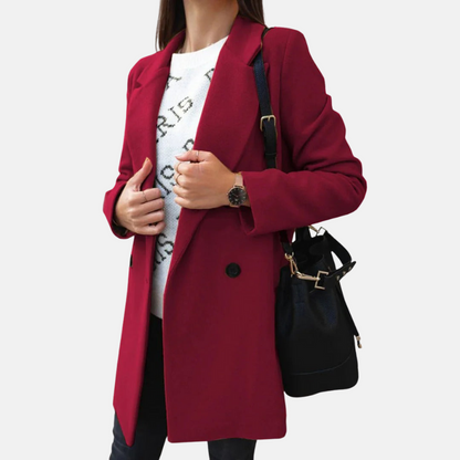 Women’s Coat – Tailored Fit – Wool Look – Double Breasted – Mid Length