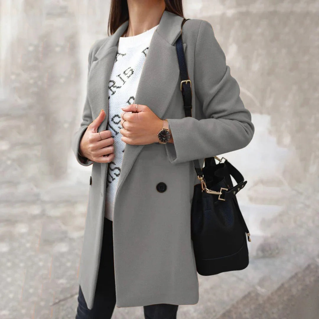 Women’s Coat – Tailored Fit – Wool Look – Double Breasted – Mid Length
