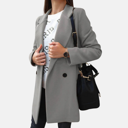 Women’s Coat – Tailored Fit – Wool Look – Double Breasted – Mid Length