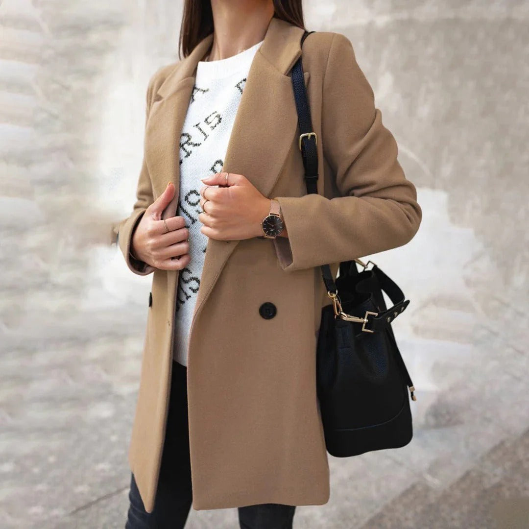 Women’s Coat – Tailored Fit – Wool Look – Double Breasted – Mid Length