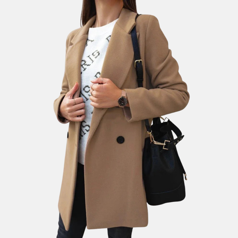 Women’s Coat – Tailored Fit – Wool Look – Double Breasted – Mid Length