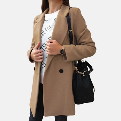 Women’s Coat – Tailored Fit – Wool Look – Double Breasted – Mid Length