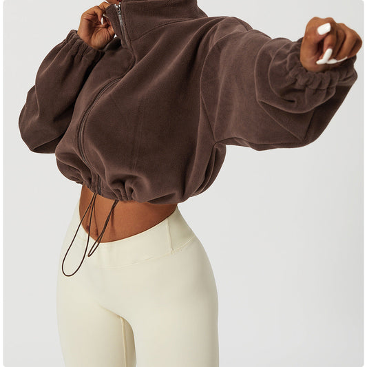 Women’s Cropped Jacket – Plush Fleece – Loose Fit – Zip Front – Adjustable Hem