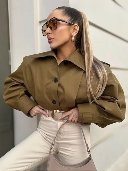 Women’s Cropped Jacket – Relaxed Fit – Structured Shoulders – Asymmetrical Front – Button Cuff