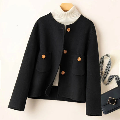 Women’s Cropped Jacket - Wool Blend - Relaxed Structured Fit - Collarless Round Neck - Decorative Button Closure