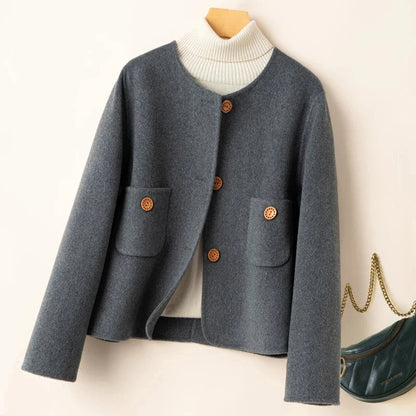 Women’s Cropped Jacket - Wool Blend - Relaxed Structured Fit - Collarless Round Neck - Decorative Button Closure