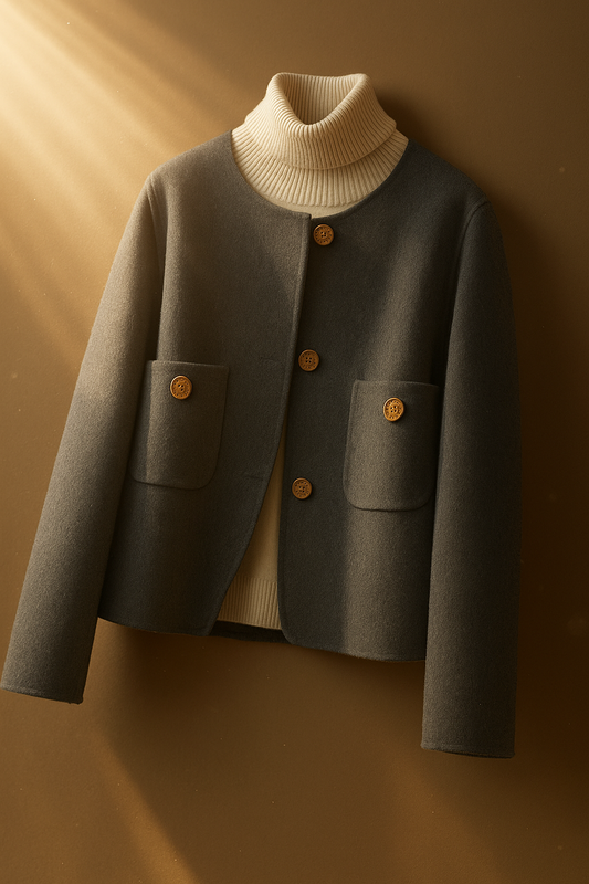 Women’s Cropped Jacket - Wool Blend - Relaxed Structured Fit - Collarless Round Neck - Decorative Button Closure