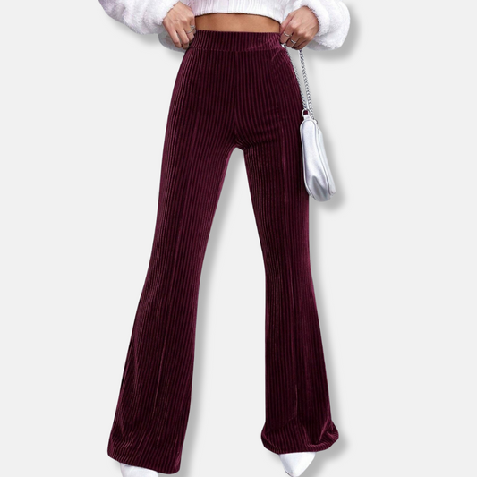 Women’s Flared Trousers – High Waist Pull-On Fit – Velour Feel – Ribbed Texture
