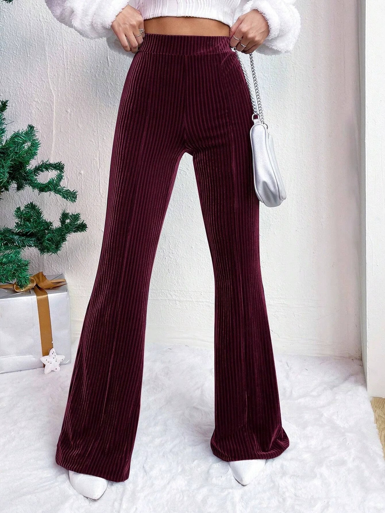 Women’s Flared Trousers – High Waist Pull-On Fit – Velour Feel – Ribbed Texture