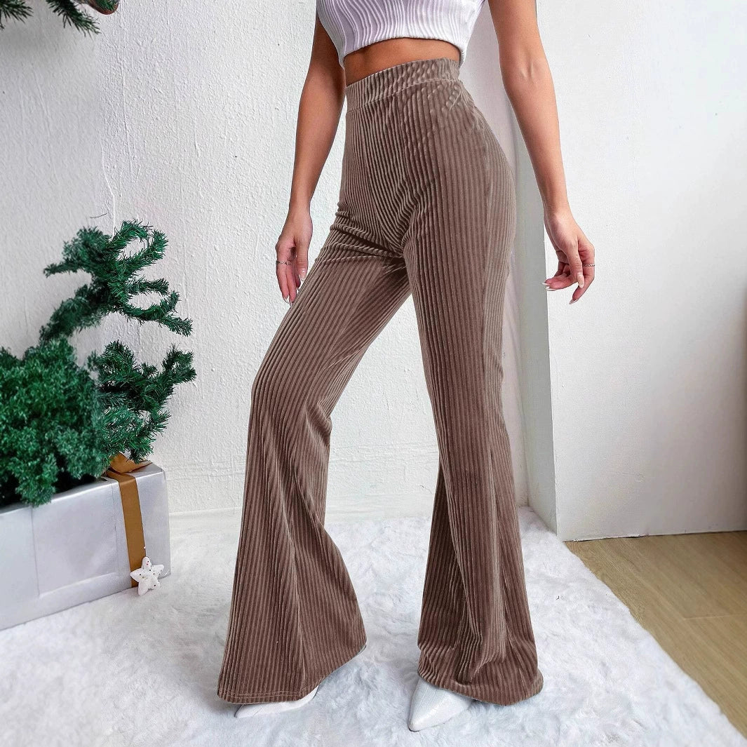 Women’s Flared Trousers – High Waist Pull-On Fit – Velour Feel – Ribbed Texture