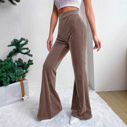 Women’s Flared Trousers – High Waist Pull-On Fit – Velour Feel – Ribbed Texture