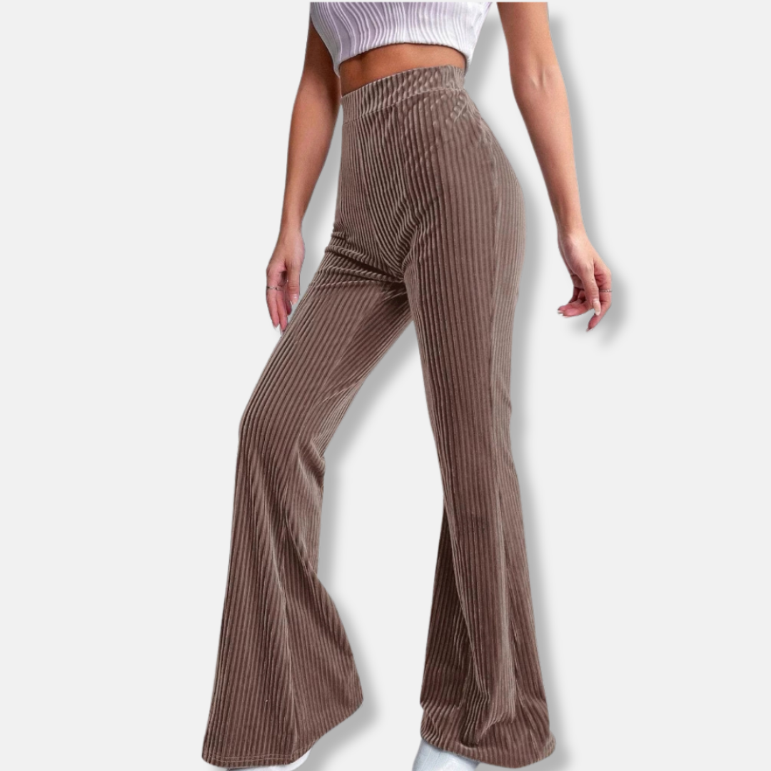 Women’s Flared Trousers – High Waist Pull-On Fit – Velour Feel – Ribbed Texture