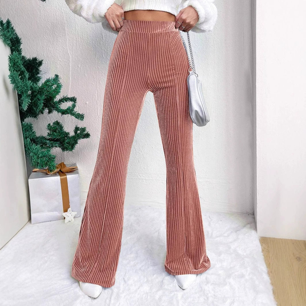 Women’s Flared Trousers – High Waist Pull-On Fit – Velour Feel – Ribbed Texture