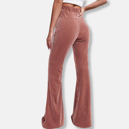 Women’s Flared Trousers – High Waist Pull-On Fit – Velour Feel – Ribbed Texture