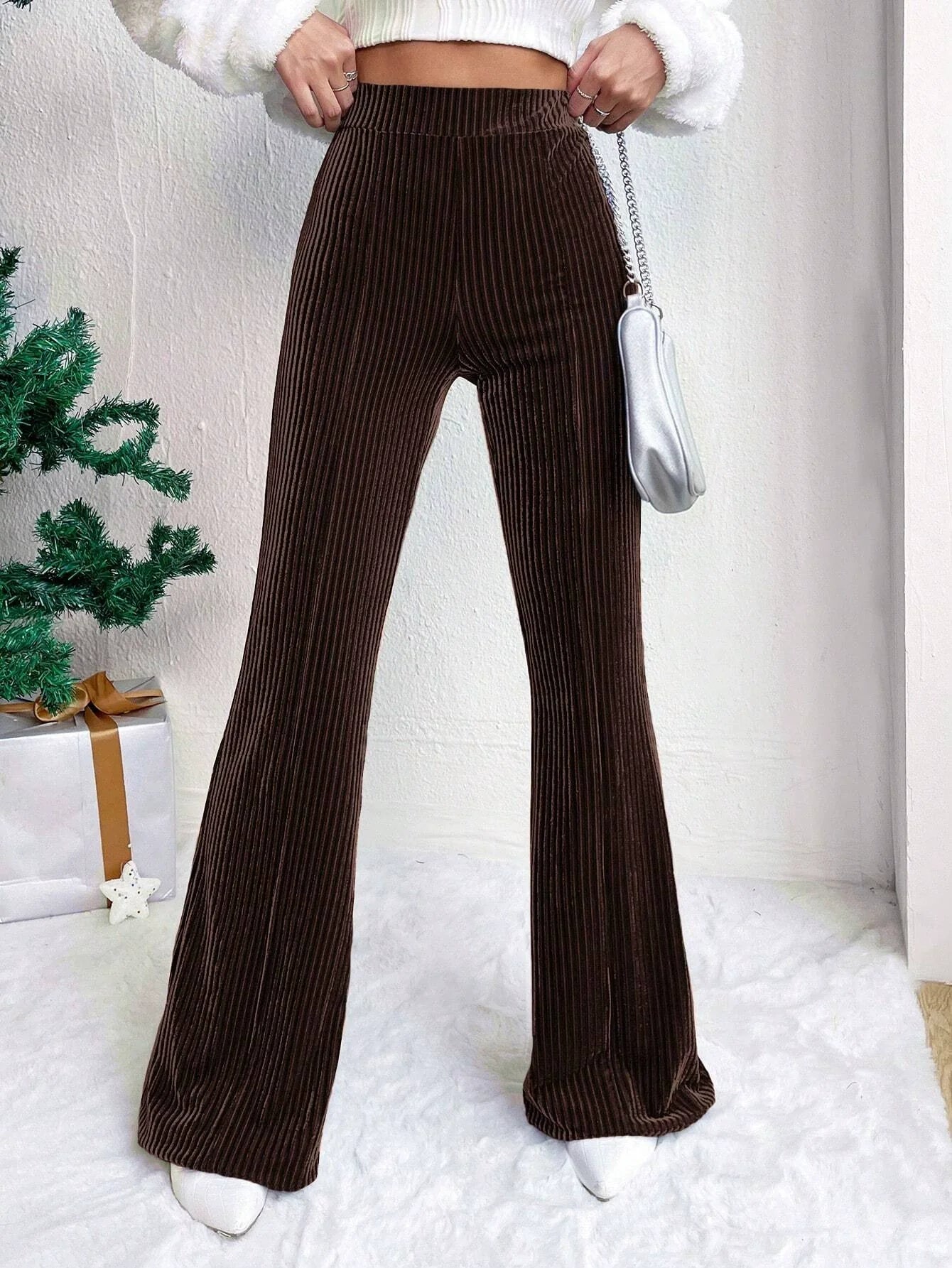 Women’s Flared Trousers – High Waist Pull-On Fit – Velour Feel – Ribbed Texture