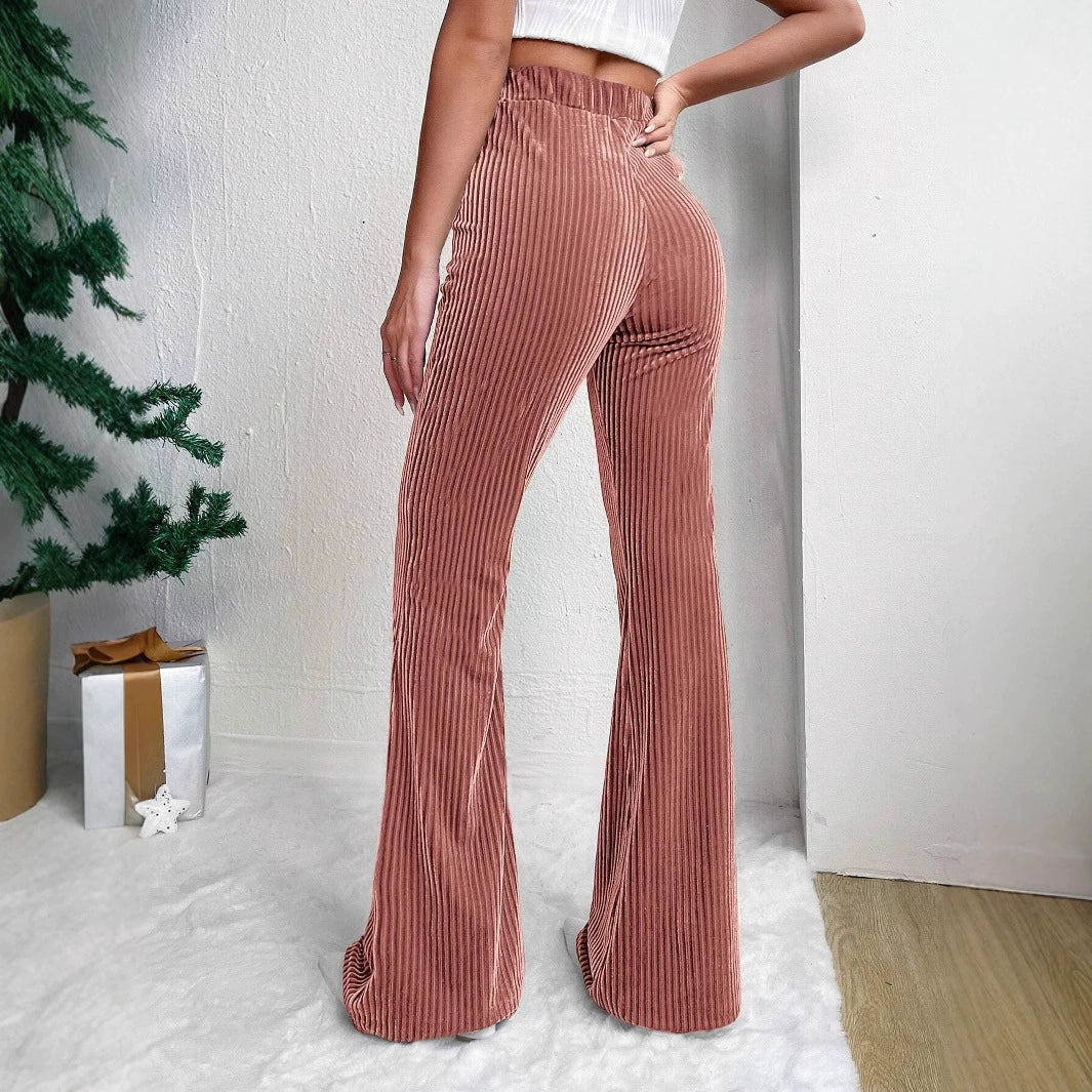 Women’s Flared Trousers – High Waist Pull-On Fit – Velour Feel – Ribbed Texture