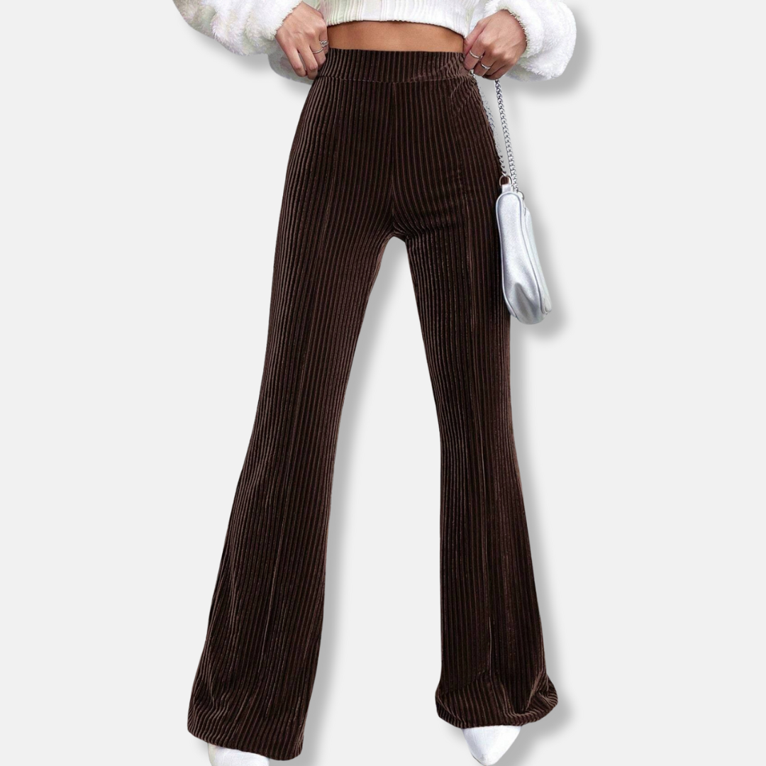 Women’s Flared Trousers – High Waist Pull-On Fit – Velour Feel – Ribbed Texture
