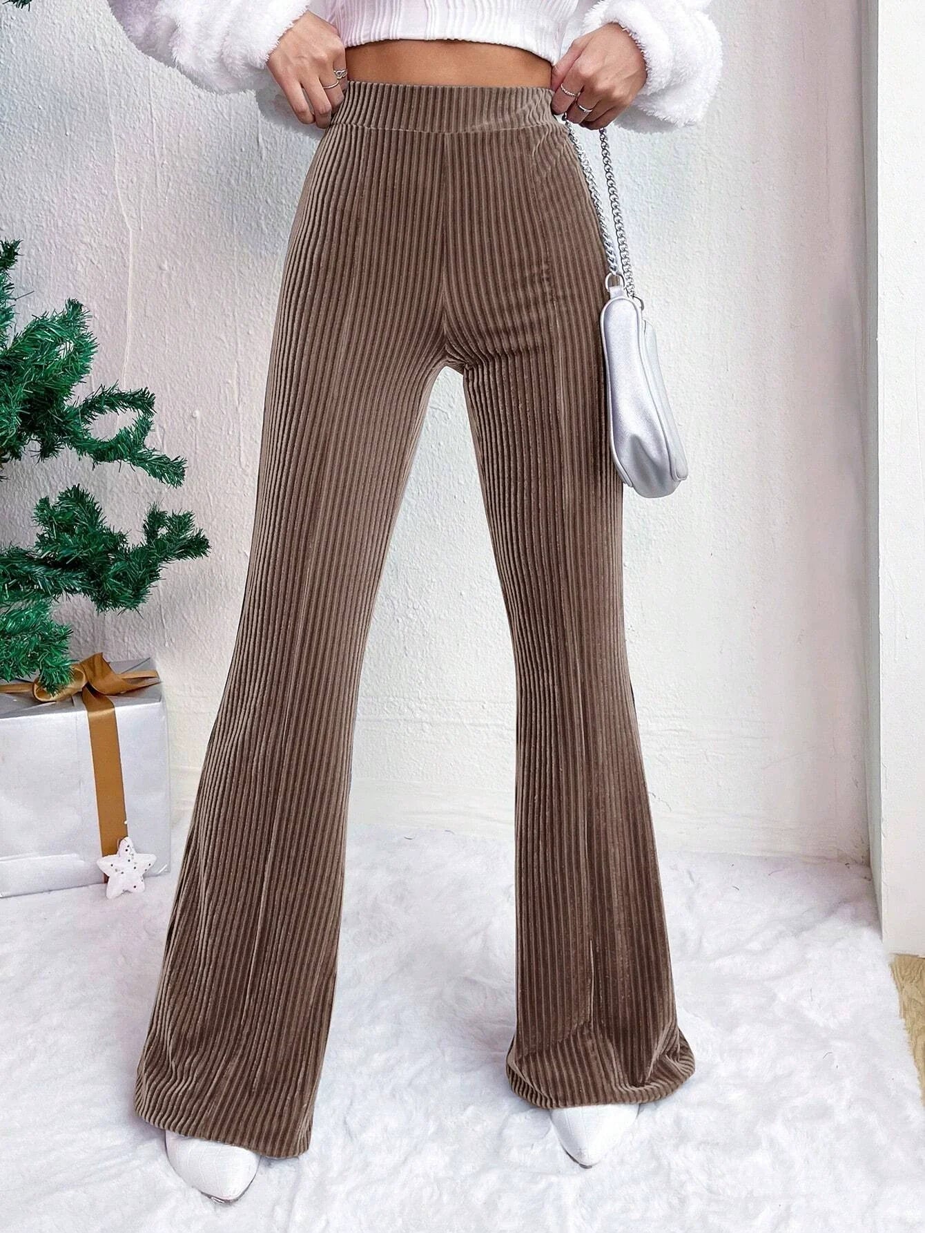 Women’s Flared Trousers – High Waist Pull-On Fit – Velour Feel – Ribbed Texture
