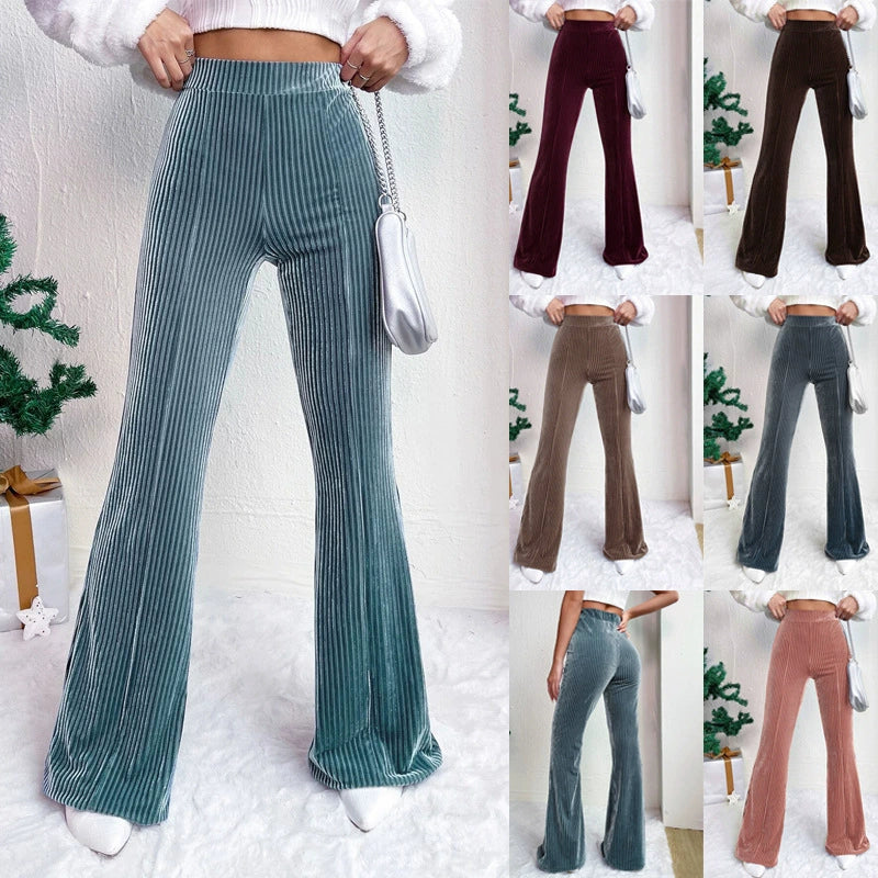 Women’s Flared Trousers – High Waist Pull-On Fit – Velour Feel – Ribbed Texture