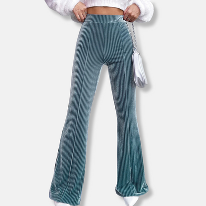 Women’s Flared Trousers – High Waist Pull-On Fit – Velour Feel – Ribbed Texture