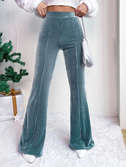 Women’s Flared Trousers – High Waist Pull-On Fit – Velour Feel – Ribbed Texture