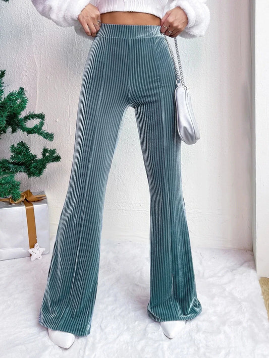 Women’s Flared Trousers – High Waist Pull-On Fit – Velour Feel – Ribbed Texture