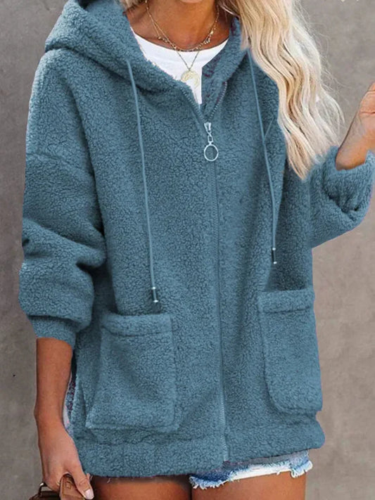 Women’s Hooded Cardigan – Fleece – Oversized Fit – Zip Front – Pouch Pockets